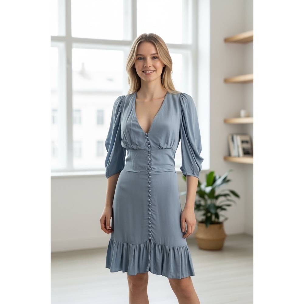 The Kooples Women's Blue Mini Dress V-Neck Puff Sleeve Button Front